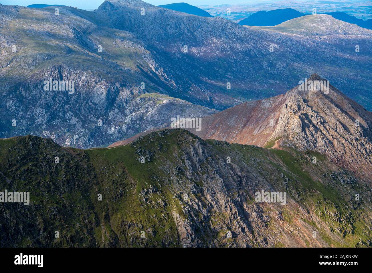 Crib Goch ridge viewed from the summit of Snowdon in Snowdonia National Park, Wales, UK Stock