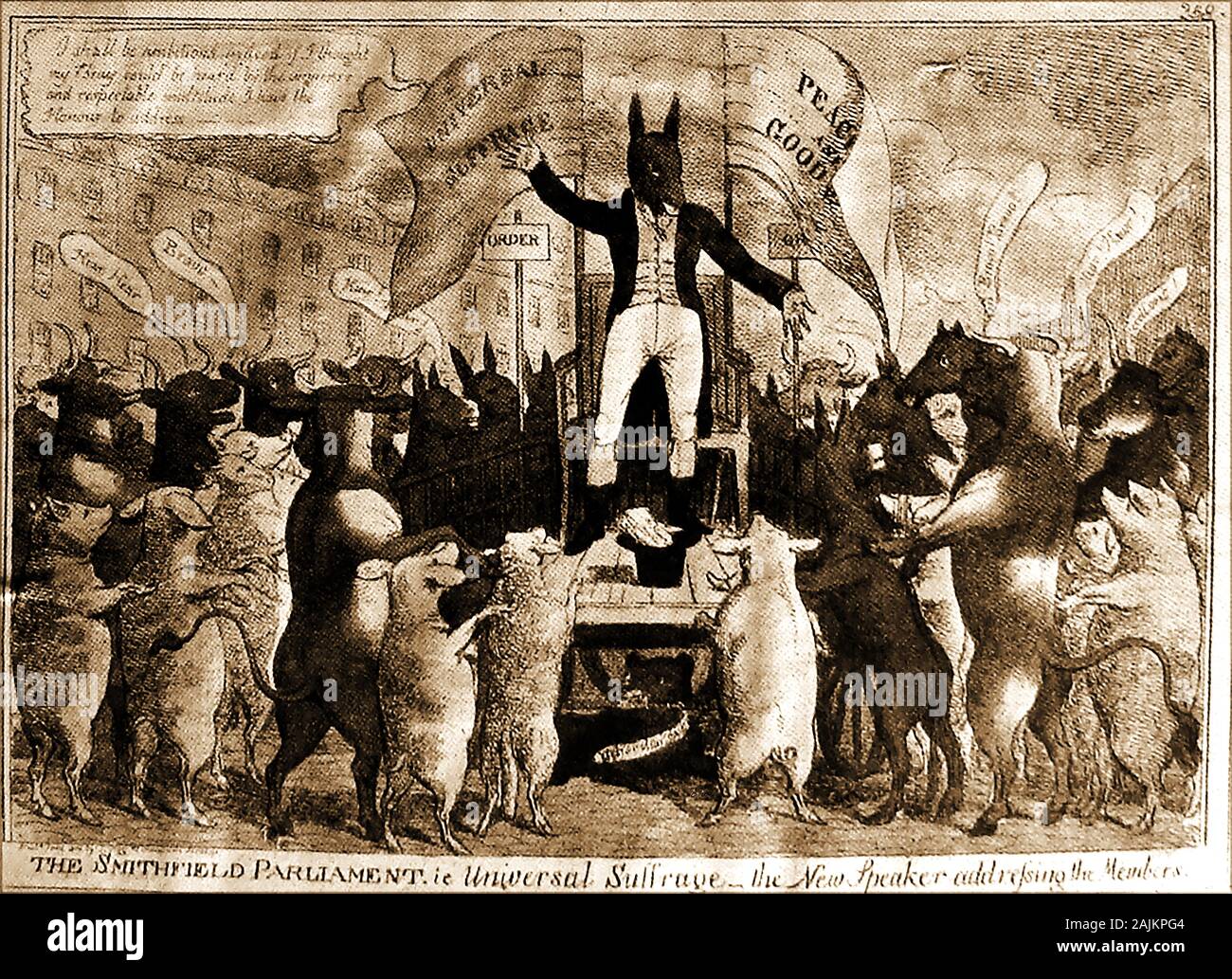 An 1819 British satirical political cartoon opposing universal suffrage ( votes for everyone) indicating that passing such  laws would allow even animals to vote. Stock Photo