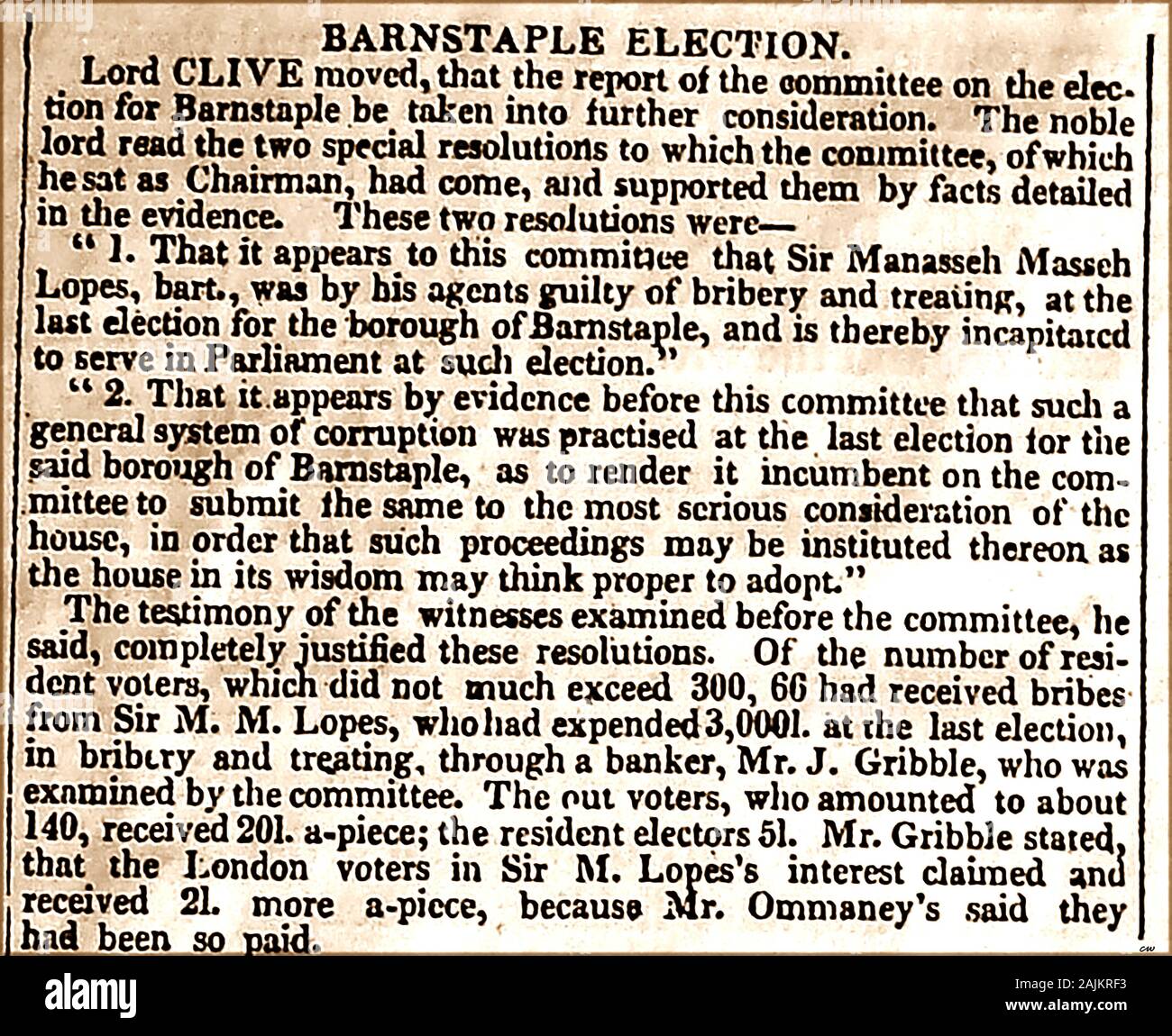 A Press cutting from the Times newspaper April 3rd 1819 Barnstaple