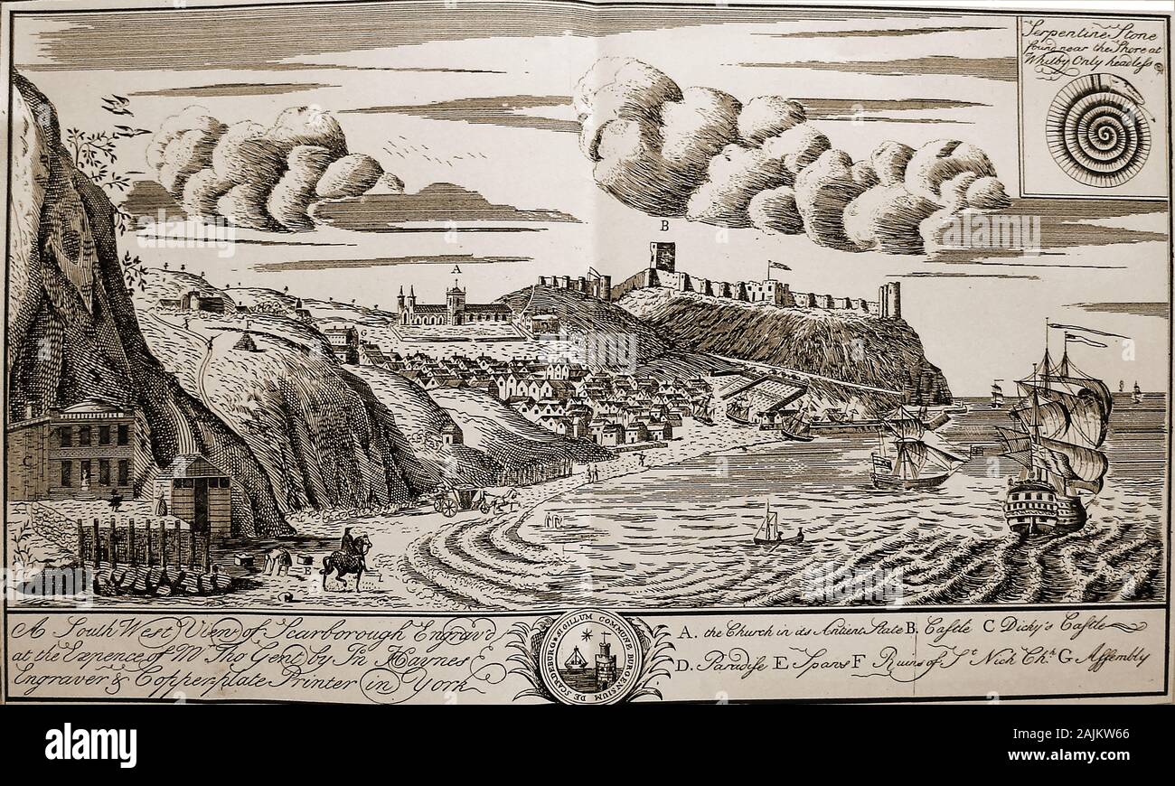 An engraving showing a south-west view of old Scarborough (Yorkshire UK) with  its castle,  spa and other  buildings as they were in 1735 Stock Photo