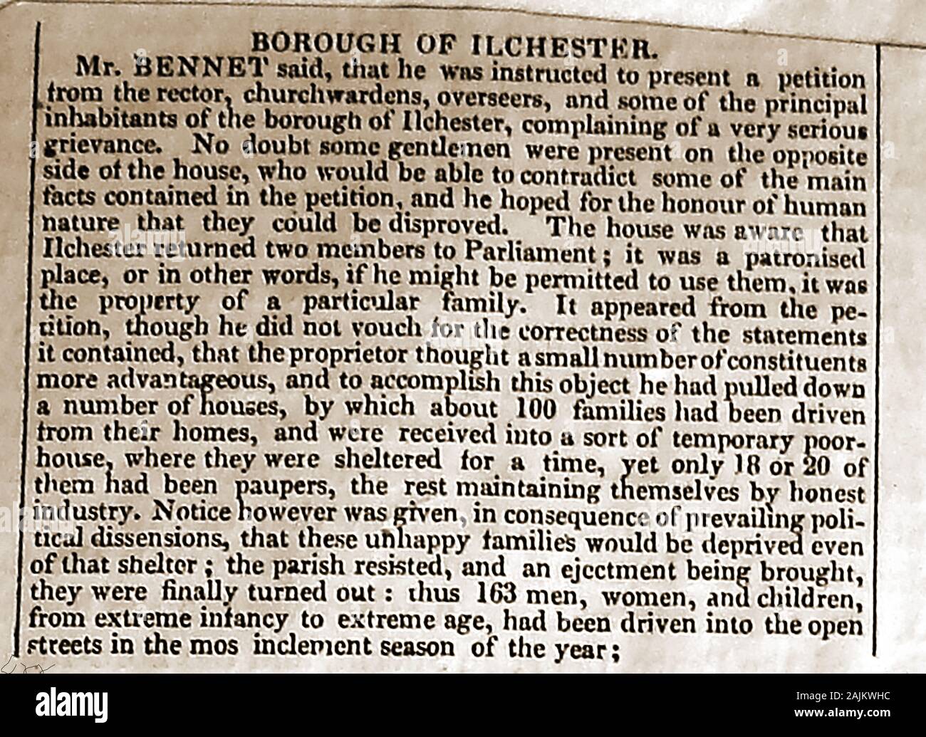 1819 English press cutting concerning  corruption during recent Parliamentary elections when constituents homes were pulled down for political advantage at Ilchester, Somerset.  Sir William Manners (later Lord Huntingtower)   maintained his position by demolishing the houses of his opponents driving them to  the workhouse which meant they were not able to vote. Stock Photo