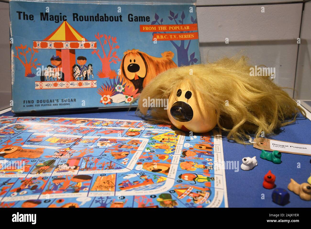 Dougal from The Magic Roundabout - with The Magic Roundabout Game inside the Bucks County Museum toy exhibition, Aylesbury, Buckinghamshire, UK Stock Photo