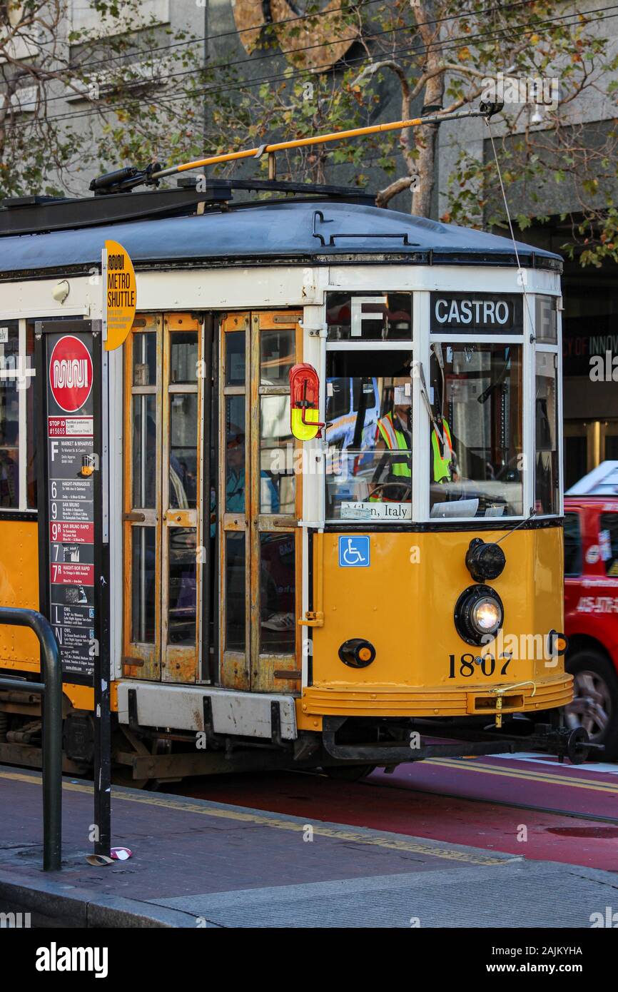 Vintage Milanese tram or heritage streetcar on F-line in San Francisco, United States of America Stock Photo