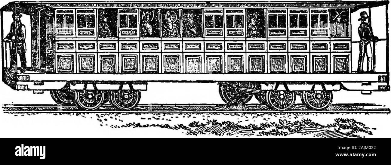 The story of the Pullman car . ort and inconvenience beyondthe realization of the present day. Travel by canalboat had at least offered a relative degree of com-fort, for here comfortable berths in airy cabins wereprovided as well as good meals and entertainment,but the locomotive, by its greatly increased speedover the plodding train of tow mules, instantly com-manded the situation, and as the mileage of thepioneer roads increased, travel by boat propor-tionately languished. The first passenger cars were little better thanboxes mounted on wheels. Over the uneven trackthe locomotive dragged it Stock Photo