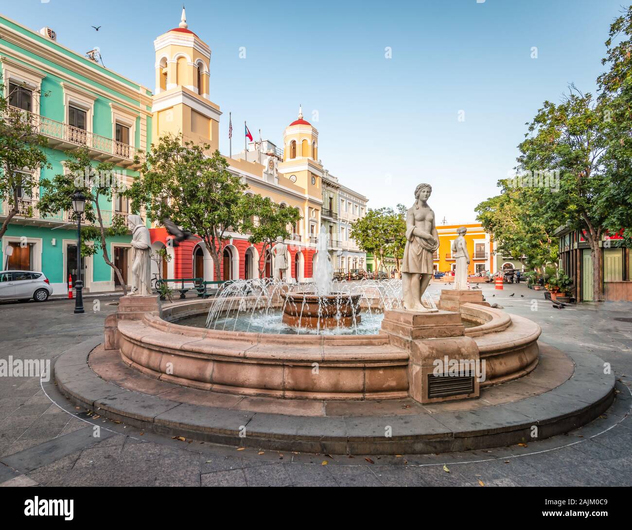 Plaza de Armas, town square with fountain in the city centre of Old San Juan, Puerto Rico. Stock Photo
