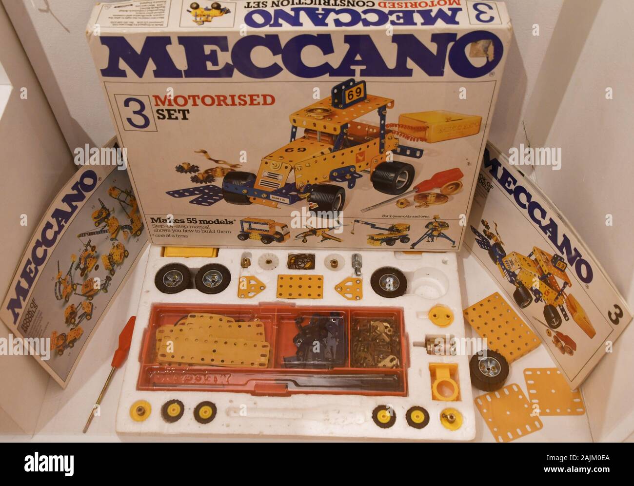 Meccano 3 Motorised Set at Bucks County Museum toy exhibition, Aylesbury, Buckinghamshire, UK Stock Photo