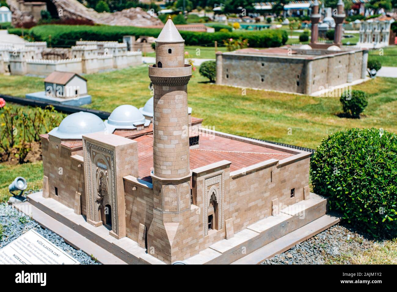 Istanbul, Turkey - July 12, 2017: the reduced copy of the Nigde Alaeddin mosque at Miniaturk Park Stock Photo
