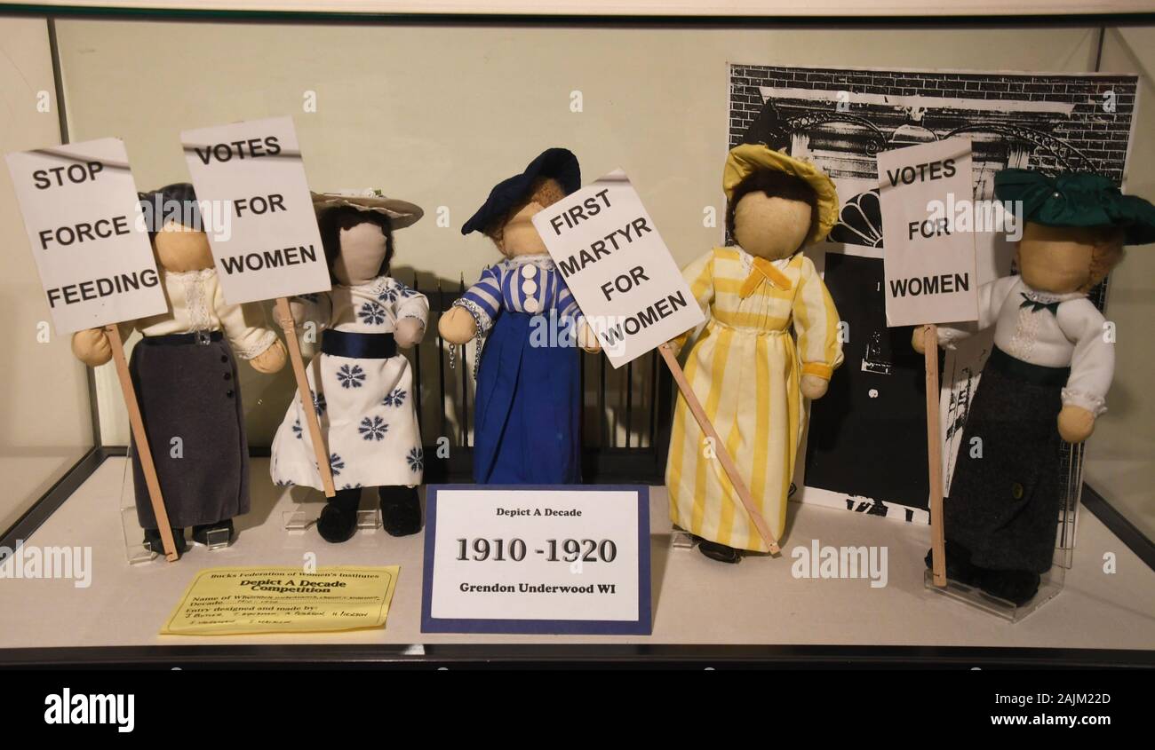 Little figures of suffragettes made members of the Grendon Underwood WI at Bucks County Museum, Aylesbury, Buckinghamshire, UK Stock Photo