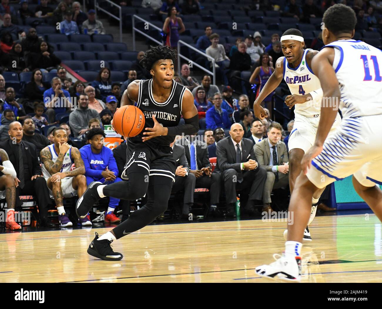 Chicago, Illinois, USA. 04th Jan, 2020. Providence Friars guard David Duke (3) in driving to the basket during the NCAA Big East conference basketball game between DePaul vs Providence at Wintrust Area in Chicago, Illinois. Dean Reid/CSM/Alamy Live News Stock Photo