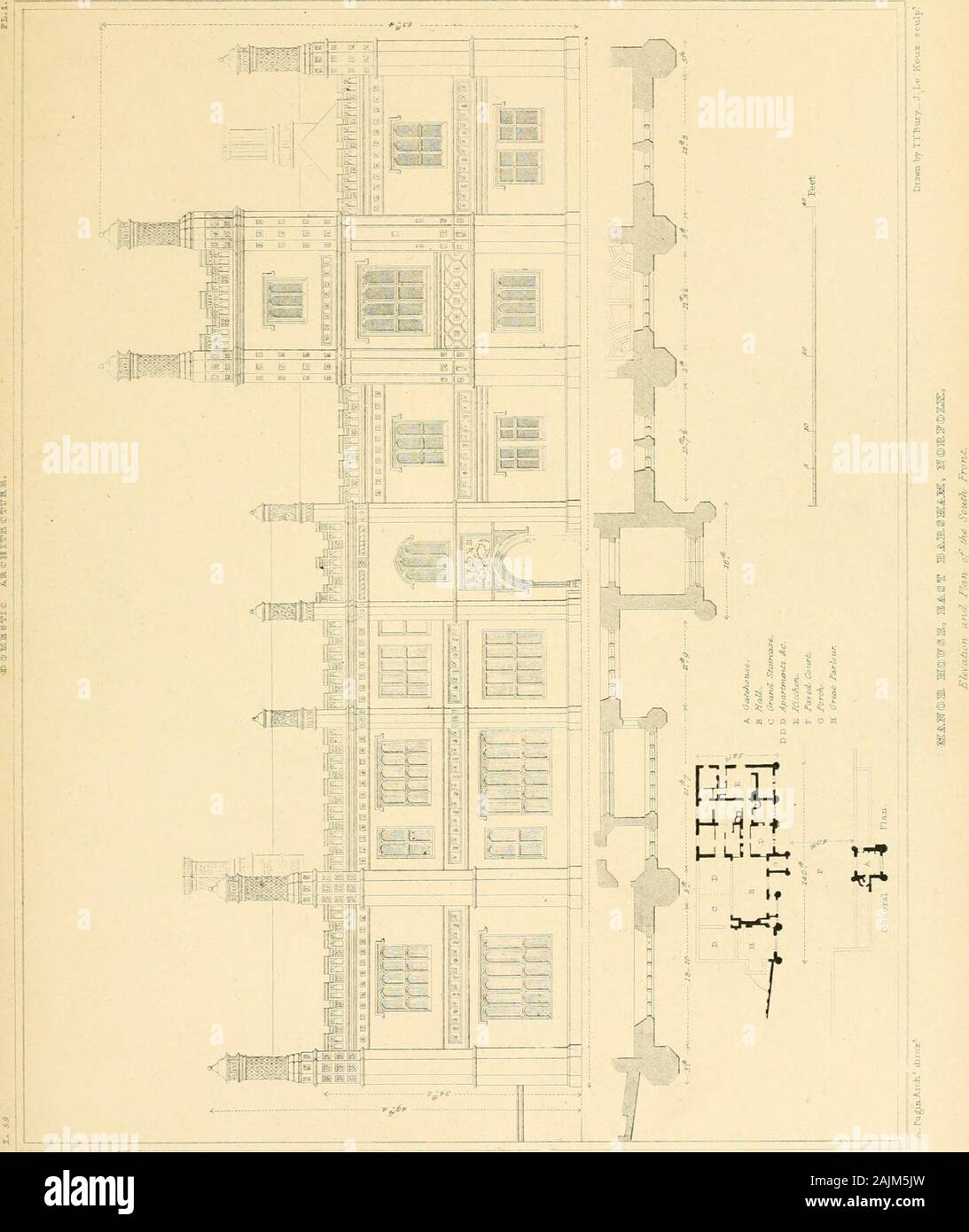 Examples of Gothic architecture : selected from various ancient edifices in England ; consisting of plans, elevations, sections, and parts at large ; calculated to exemplify the various styles and the practical construction of this admired class of architecture ; accompanied by historical and descriptive accounts . Window above tiie (.TAteway-.;;^ - Half aia Inch, to a IFoot. AJVigiiL.ArclL* dicer? Dra-wniVy E.Arundale ^.Gladwin, scvlp*- Details of SnirzuicE. Gtztewav. -NbrtJi- Fwrit.. ZD S::^!:^ s rxc .ija.csxz?^ c ttth.iEo- Stock Photo