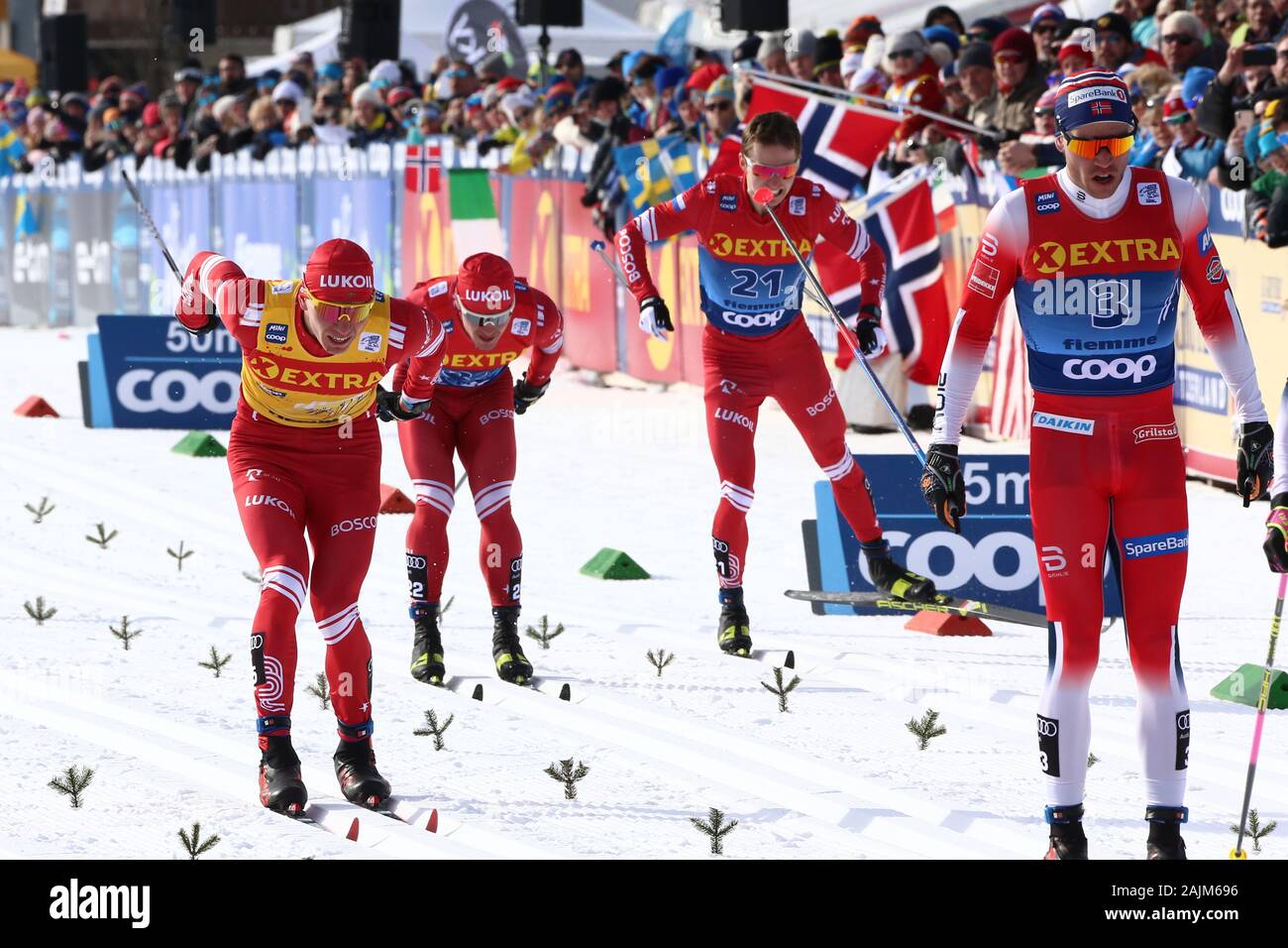 Val Di Fiemme, Italy. 4th Jan 2020.  Alexander Bolshunov (RUS), Denis Spitsov, RUS, Paal Golberg, NOR in action during the Sprint Classic Race event of the FIS Tour de Ski - FIS Cross Country Ski World Cup 2019-20 on January 4, 2020 in Val Di Fiemme, Italy. Photo: Pierre Teyssot/Espa-Images Stock Photo