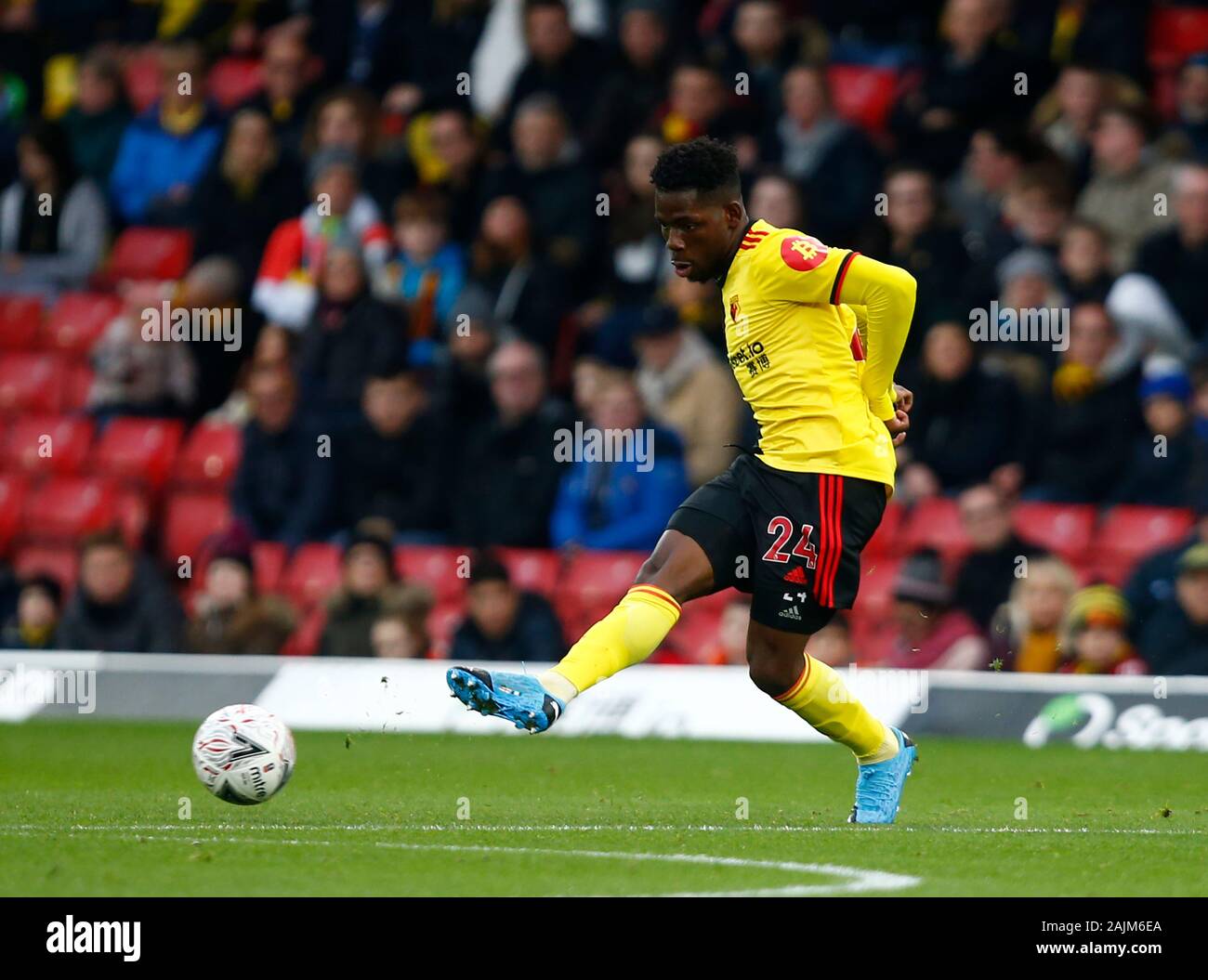 WATFORD, ENGLAND - JANUARY 04:  Watford's Tom Dele-Bashiru during Emirates FA Cup Third Round match between Watford and Tranmere Rovers on January 04 Stock Photo