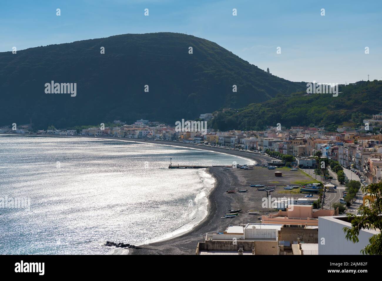 The city of Canneto and his black sand beach on aeolian Lipari island, Italy Stock Photo