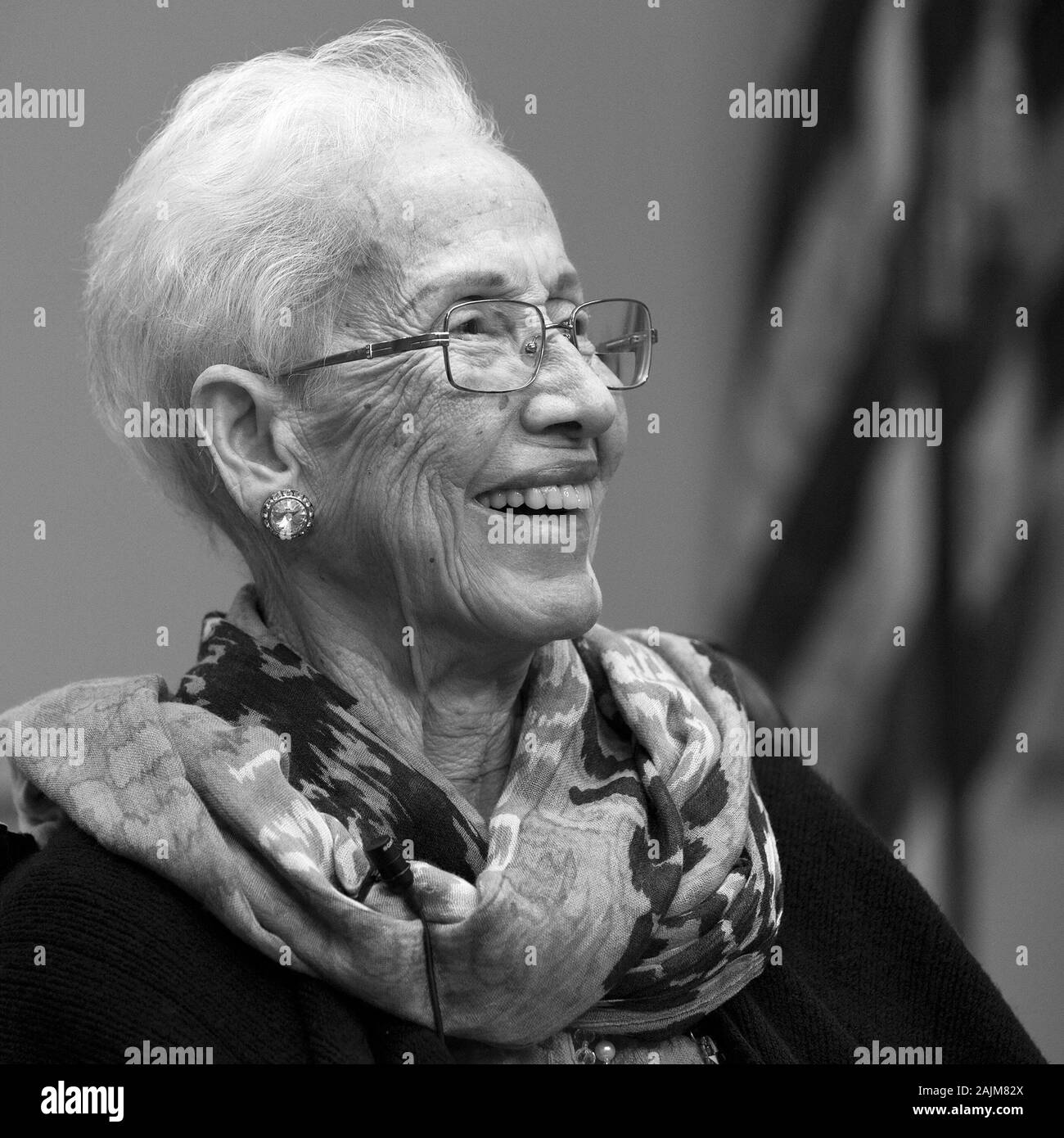 Retired NASA research mathematician and 'human computer' Katherine Johnson (who was featured in the film Hidden Figures) at the naming event for the Katherine G. Johnson Computational Research Facility at NASA's Langley Research Center in Hampton, Virginia on May 5, 2016. Stock Photo