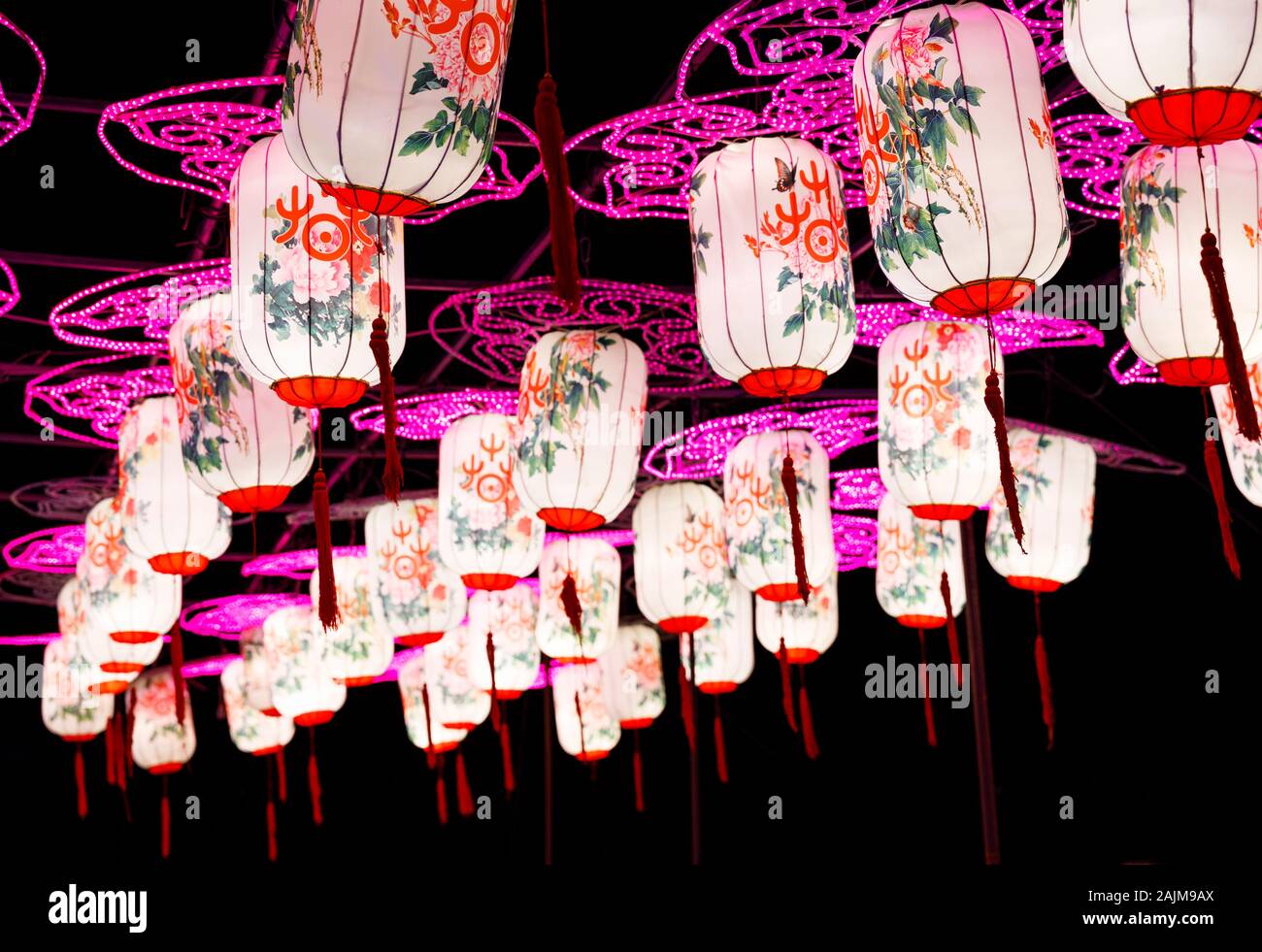 Illuminated paper made China new year lanterns Stock Photo
