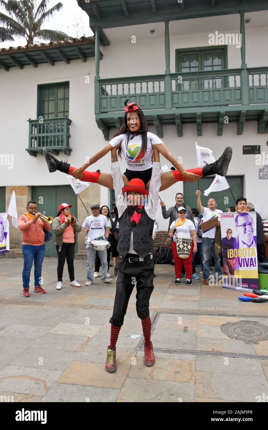Street performers at a political rally on Carrera 7 near Plaza de Bolivar  (Bolivar Square), La Candelaria, Bogota, Colombia Stock Photo - Alamy