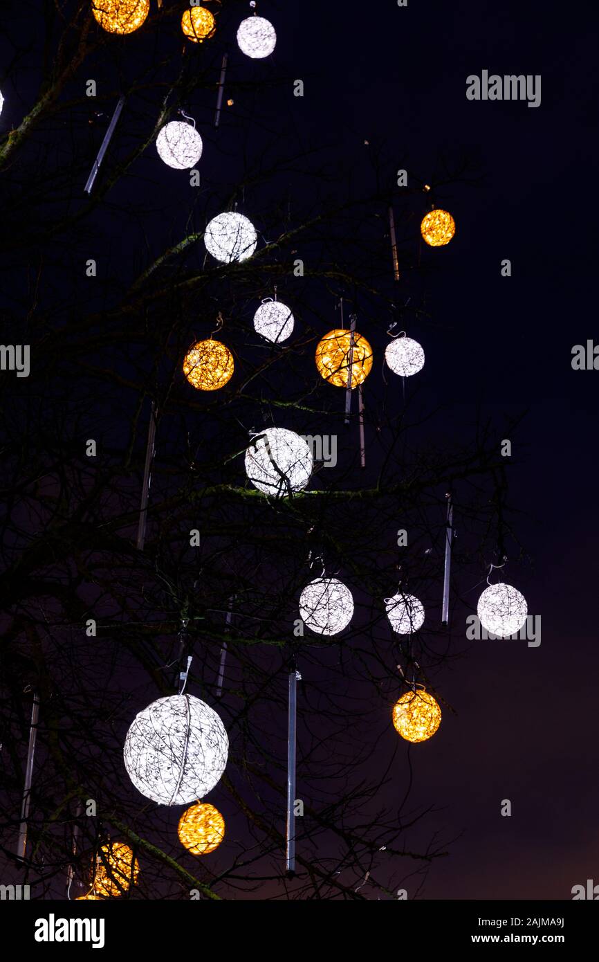 Illuminated white and yellow decorations on a bare tree in Tallinn, Estonia Stock Photo
