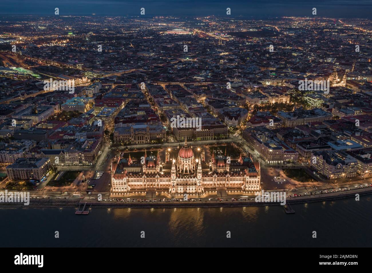 Budapest, Hungary - Aerial skyline view of Budapest by night. This view includes the illuminated Hungarian Parliament building, St. Stephen's Basilica Stock Photo