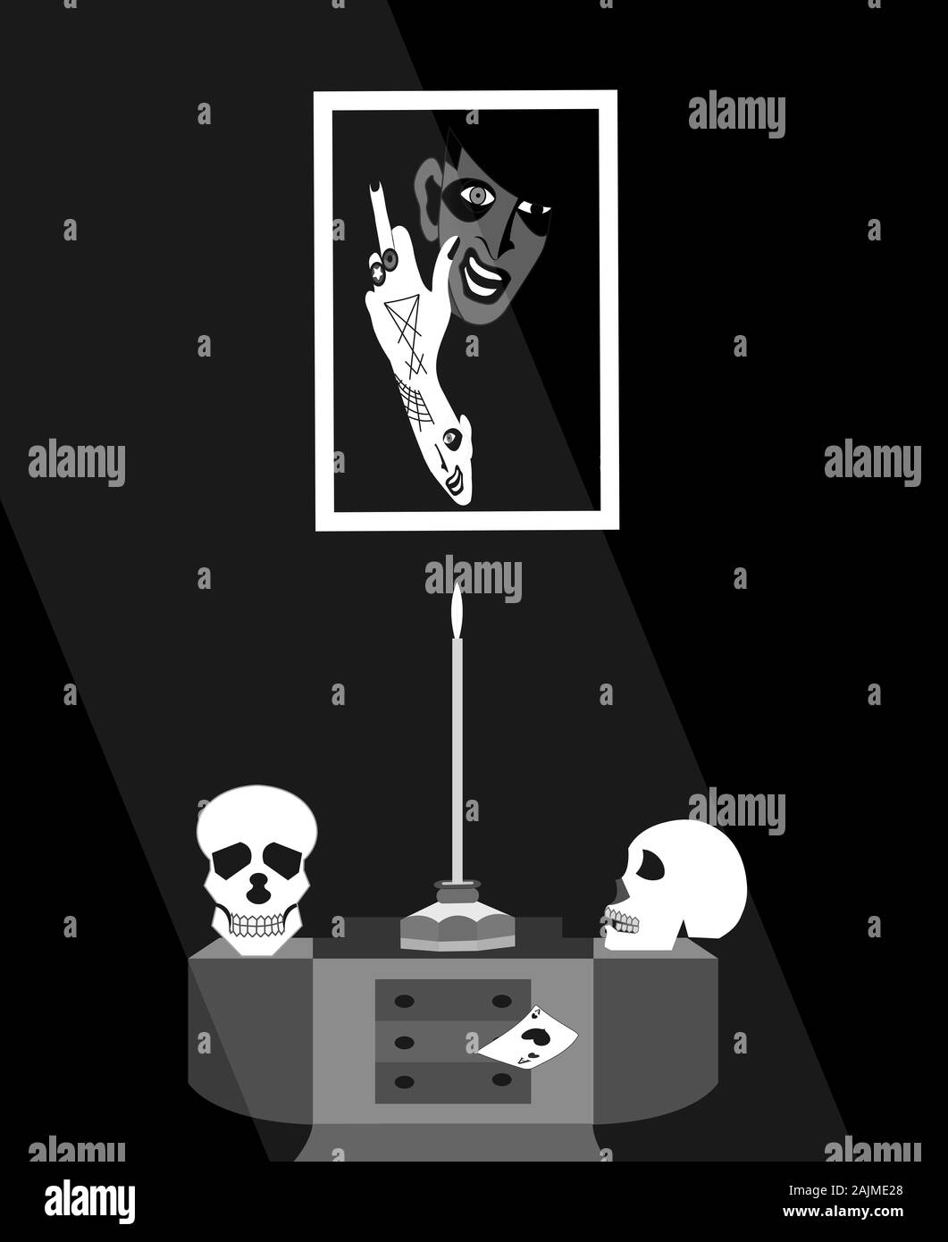 illustration of two skulls on a desk and a portrait, illustrating the fear of death, and a ray of light coming from above Stock Photo