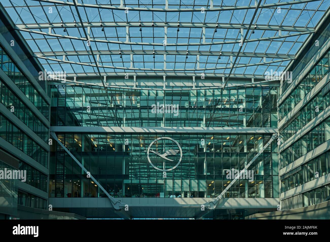 Lufthansa corporate logo sign on modern interior glass structure at the