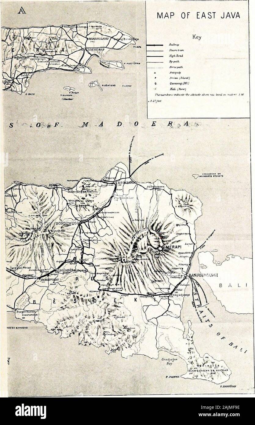 Isles of the East : an illustrated guide : Australia, New Guinea, Java, Sumatra . L&gt;! iV; vfffl)^ u^^- •US!.......  K If © II A I^ (D C E A P 64 MAP OF. EAST JAVA. 65 wharves, whilst a steam tram runs from the Oedjong through the centreof the town to the southern suburbs. The Brantas River flows through the town, and near the GentengBridge divides into two streams, the Kali Mas and Kali Pigirian, eacharm discharging its waters into the sea, north of the city. Just abovethe bridge is a fine sluice with lock for shipping, an excellent piece ofengineering work, with series of vertical bearft Stock Photo