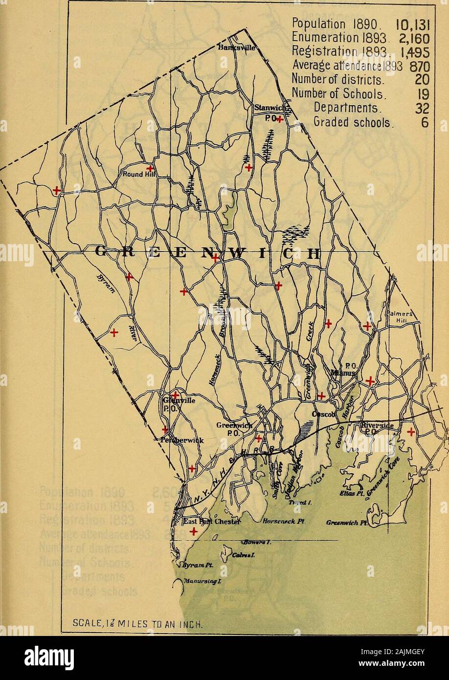 Public documents of the State of Connecticut . Population 1890. 10,131Enumeration 1893 2,160Registration 1893. 1,495Average attendance 1893 870Numberof districts. 20Number of Schools. 19«amwc§!^ Departments. 32Graded schools. 6. FROM MAP OF CONN.C0PYRI6HT 1893. BY GEO.H.WALKER SCO.BOSTOK. Population 1890. 4,006Enumeration 1893. 1,003Registration 1893. 897Average attendance 1893.593Number of districts.Number of Schools. Departments. Graded schools. Stock Photo