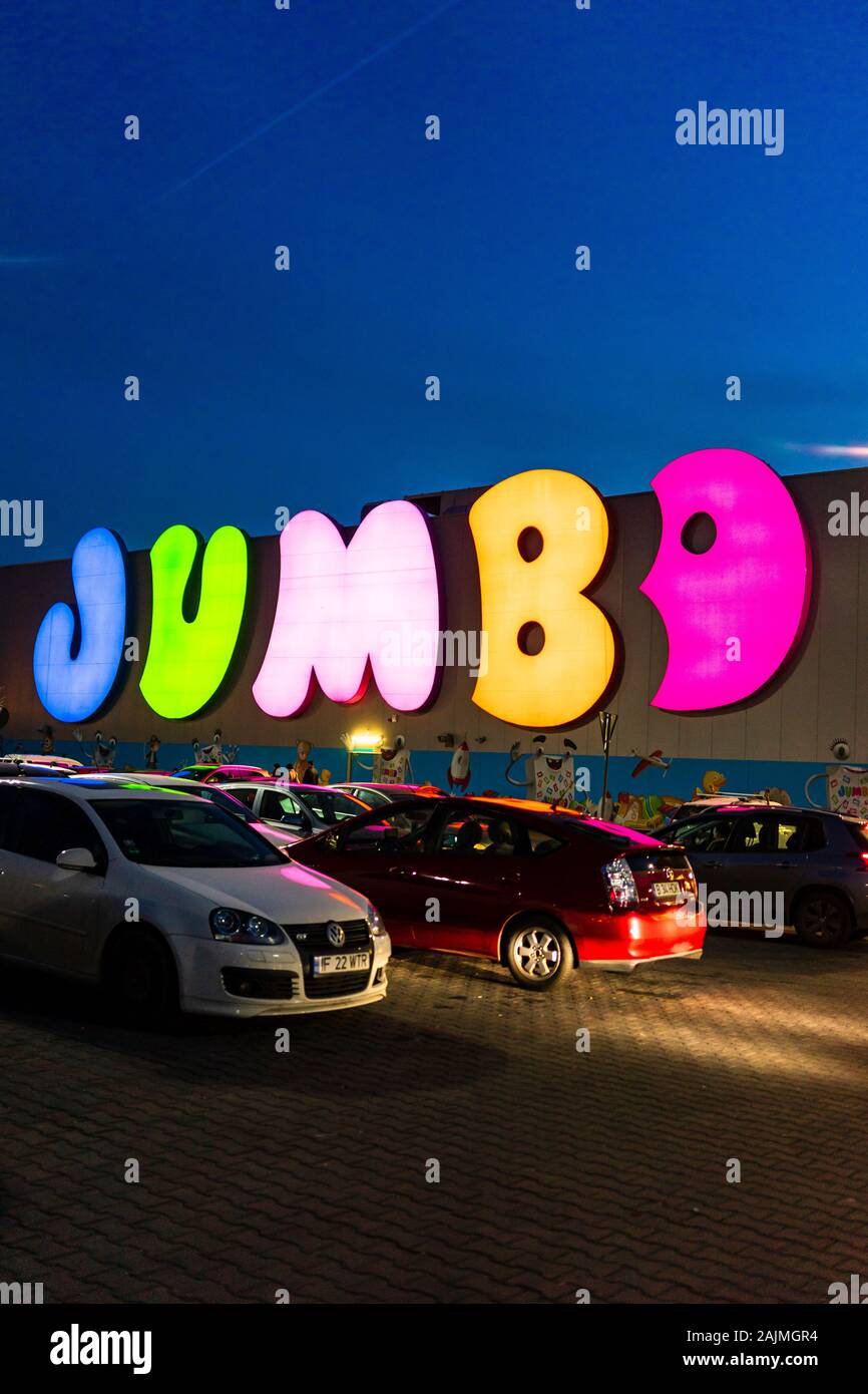 Jumbo shopping mall. Toy store. Big sign, Greek brand, logo of Jumbo Store  in Bucharest, Romania, 2020 Stock Photo - Alamy