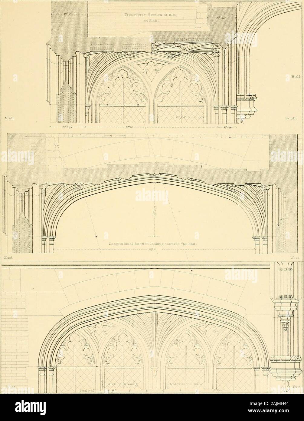 Examples of Gothic architecture : selected from various ancient edifices in England ; consisting of plans, elevations, sections, and parts at large ; calculated to exemplify the various styles and the practical construction of this admired class of architecture ; accompanied by historical and descriptive accounts . APu^m, Ajch* direx Drawn by TXBurv- . - n (yladwin. sciilp*. GROINING OF BAY WINDOW^ ON THE NORTH SIDE OF HAIL. UOIiffESTIC ARCHITECTTDIE.K.. A.Ptt^iu, AtcTi* direi* Drarwn by T.T.Biiry. G.Gladwin.sc?^lp^ 3SXj3riBCAEfi JF-^JLj^G JEs 3iLTS2T-.T- G-K-OINING OF BAY VJNDOVf ONT THE -NOR Stock Photo