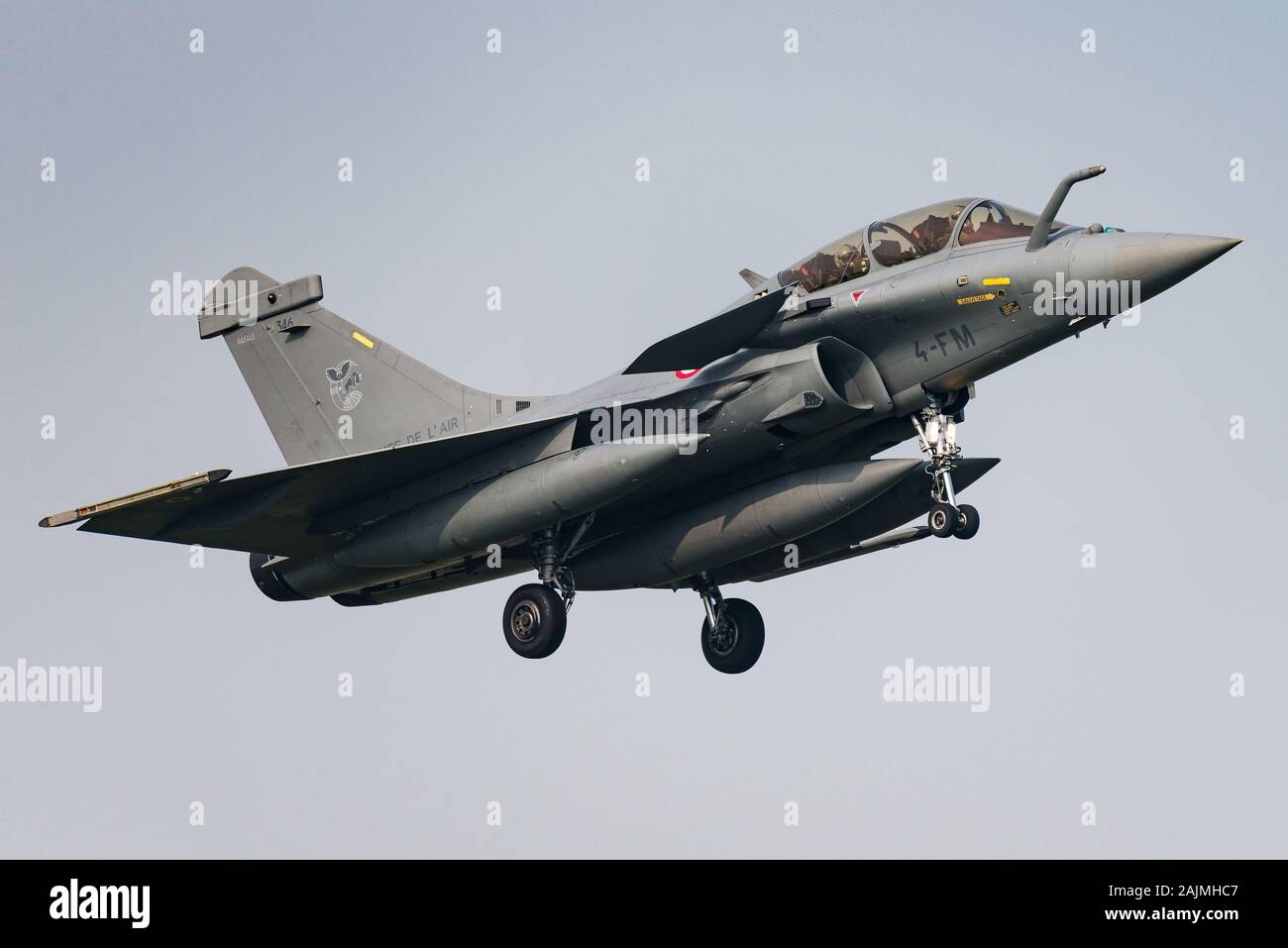 A Dassault Rafale fighter jet of the French Air Force. The Rafale is a French twin-engine, canard delta wing, multirole fighter aircraft. Stock Photo