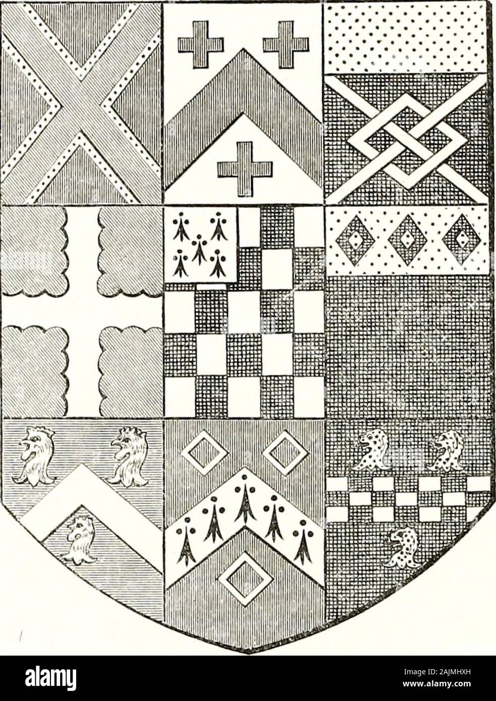 The Birkbecks of Westmorland and their descendants . t manerium de Charwelton a° 30 Edw. IV. The arms allowed for this lady in the scheme of quarterings at thebase of the pedigree are :— Sable, a fess chequey argent and of the ist,between 3 Lions heads erased or (vide cut, p. 6). In Augustine Vincents MS., College of Arms, vol. xliv., fo. 68, thearms given to the above Katherina Berbeck are, Sable, on a chief or threeniascles of the first, but this would appear to have been a mistake.Apparently therefore there had been an earlier grant of arms before 1515,the son having bought the Manor of Cha Stock Photo