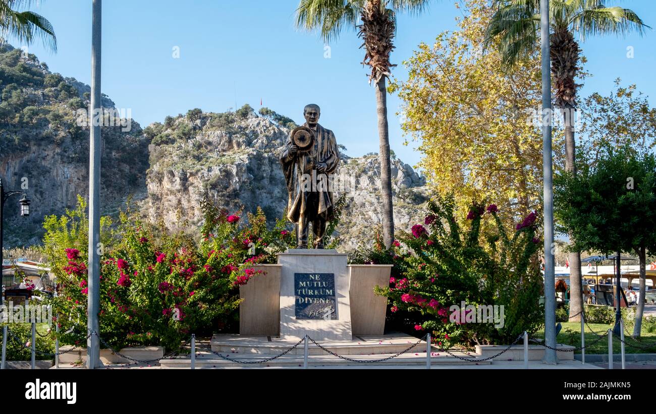 Dalyan, Turkey - 11/19/2019: Statue in Dalyan town of Mustafa Kemal Ataturk, the first President and founder of the Republic of Turkey. Stock Photo
