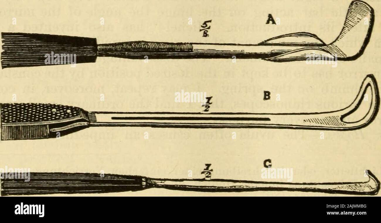A manual of diseases of the throat and nose : including the pharynx, larynx, trachea, oesophagus, nose and naso-pharynx . Fig. 31.—Frankels Post-Rhinal Mirror, a, the hinge ; b, the running bar. of a metal rod about four inches in length, one end of which was fixed intoa wooden handle, while the other was widened toward the distal extremityand terminated in a short blunt right-angled hook a quarter of an inch inlength. Czermak remarks that the size and curve of the hook must vary. Fig. 32.—Palate Hooks. A. Voltolinis palate hook; B, Frankers palate hook ; C, Czermaks palate hook. according to Stock Photo
