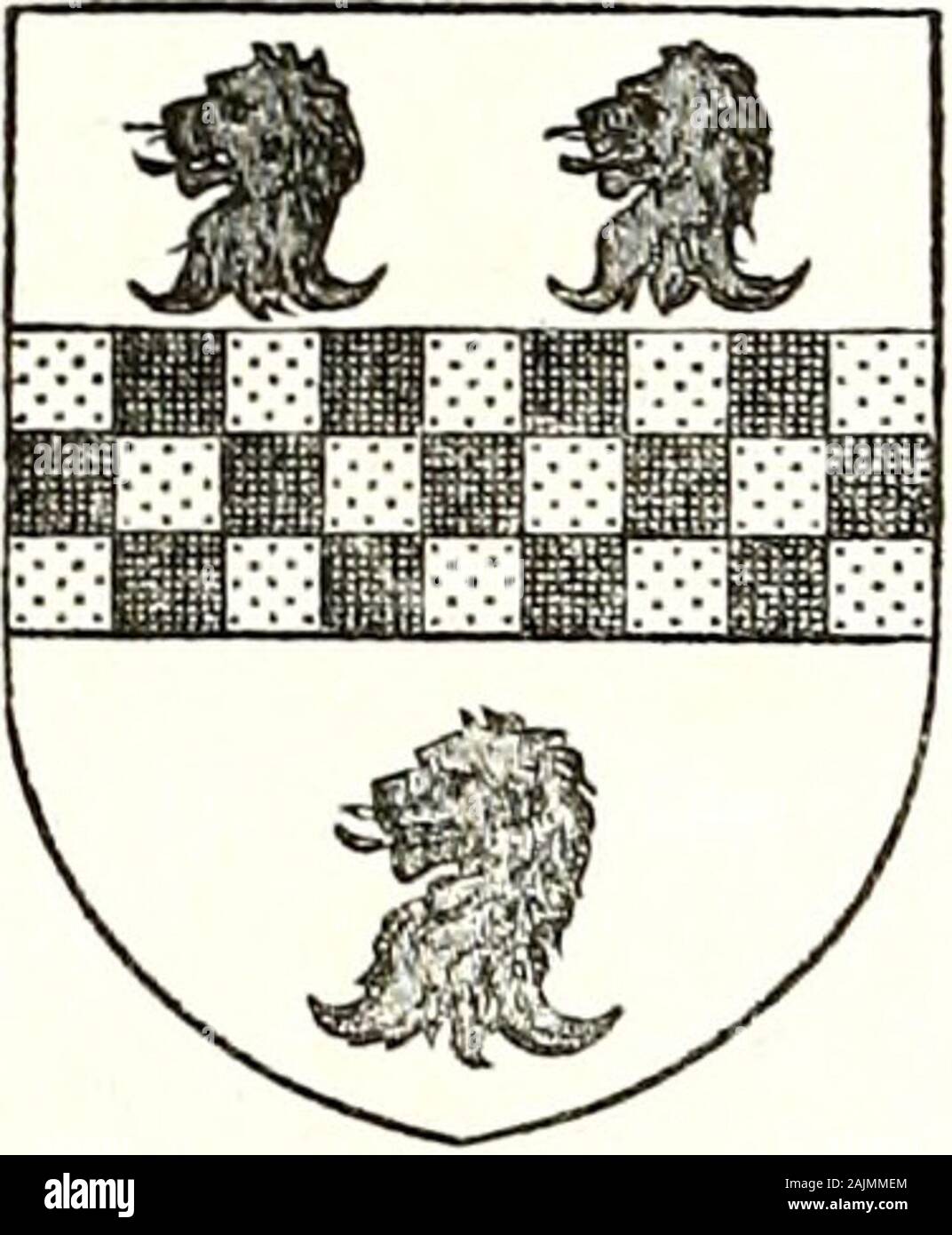 The Birkbecks of Westmorland and their descendants . Machell, the Westmorland antiquarian, who was a cousin of the HornbyBirkbecks, writing in 1664, quotes Dugdales Visitation: The Arms,Arg. a Fess chequy or, &lt;%? sab. Between three Lyons heads errased. Gules,but I believe this is a mistake in ye tracing it, for in all their Arms atthornby, the Fess is contercompone, or ^ azure, he bore 3 Lyons heads ^c.& sometimes he bore 2 Lyons heads in chiefe &lt;^ a F Bores head in bass :which I have seen confirmed in Visit. West. &lt;^ Cumb. circa temp. Hen. 8. In Dwnns Visitation of Wales and part of Stock Photo