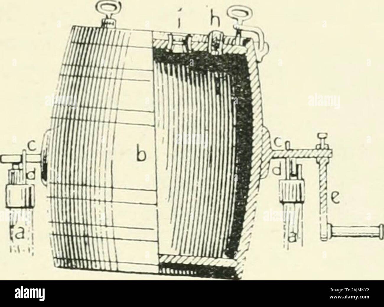 Milk, cheese and butter, a practical handbook on their properties and the processes of their production . Fig. 183.—Diaphragm Churn. barrel churns of Hathaway, Waide, Llewellyn, Tinkler, and manyothers. An exam])le is given in Fig. 182, but the dash varies accordingto the maker. In the Diaphragm churn, Fig. 183, a removableframe of bars is so set as to produce converging currents in thecream, which arc claimed to facilitate churning. BUTTKR-MAKING. 315. Fig. 1S4.—Shaksteakian Churn. Stock Photo