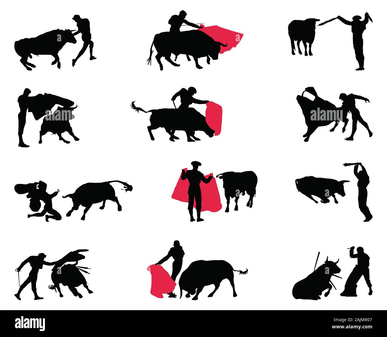 Black silhouettes of matadors and bulls on a white background, vector Stock Photo