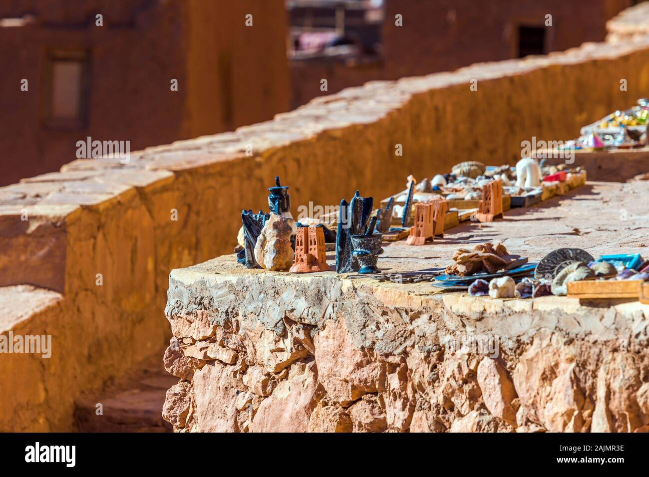 Moroccan souvenirs on a city street, Ait-Ben-Haddou, Morocco. With selective focus Stock Photo