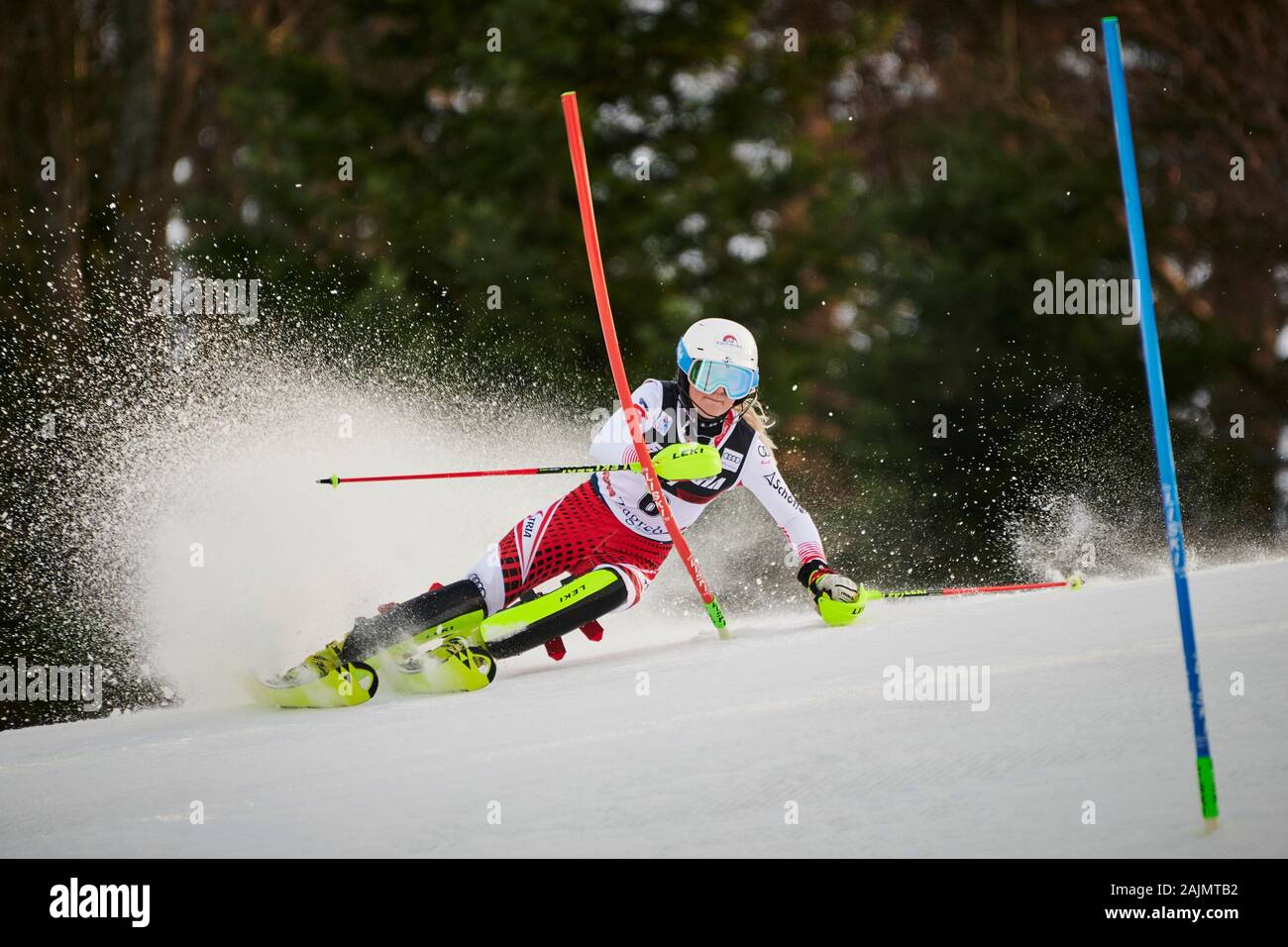 Katharina Truppe of Austria competes during the first run of the FIS World Cup Women’s Slalom race at Sljeme, above Zagreb. Stock Photo