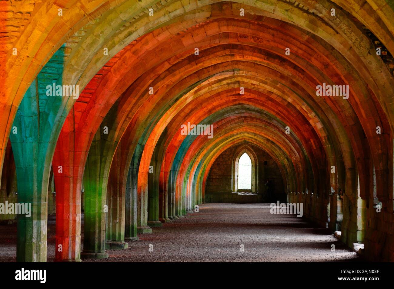 The Cloisters at Fountains Abbey during a Christmas coloured illumination event. Stock Photo