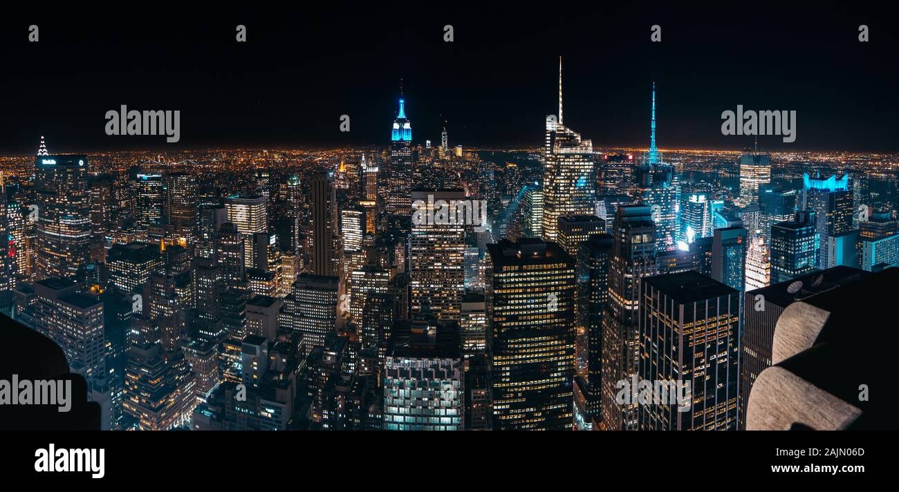 Amazing panorama view of New York city skyline and skyscraper at Night ...