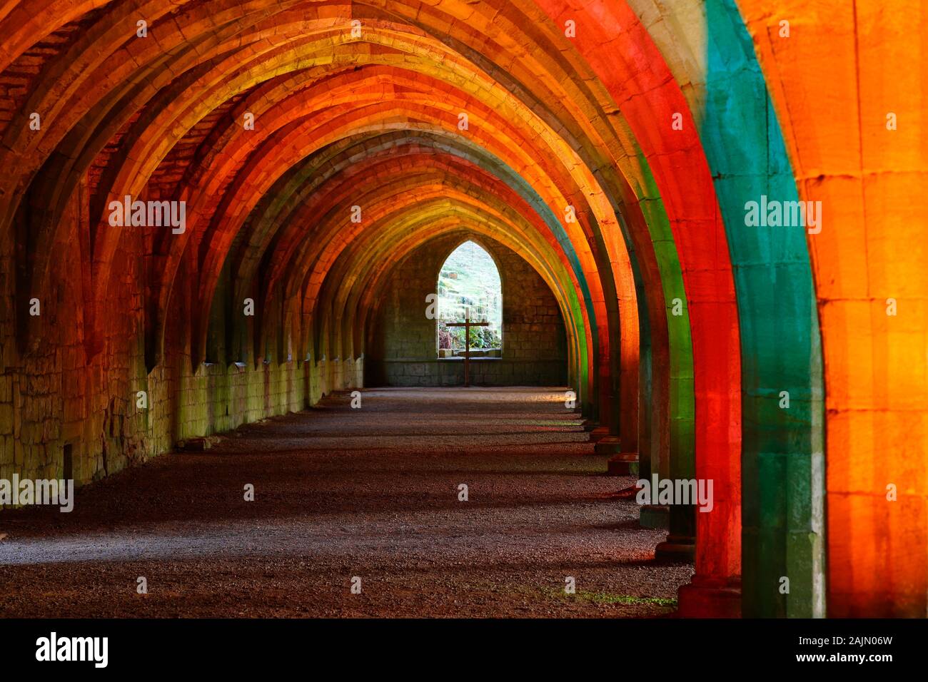 The Cloisters at Fountains Abbey during a Christmas coloured