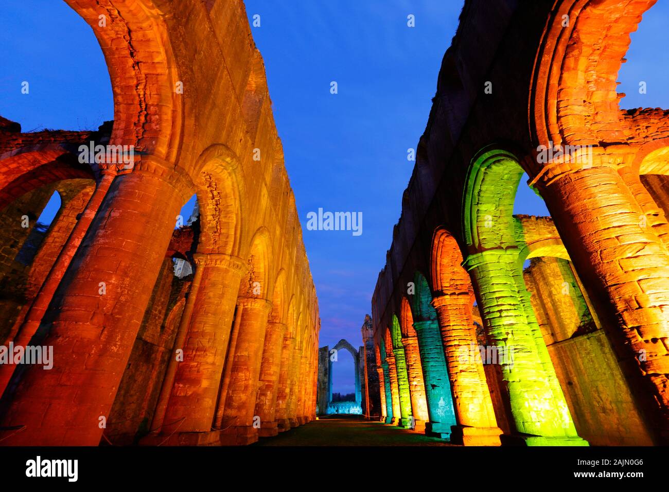 Fountains Abbey Nave during a christmas multicoloured illuminations
