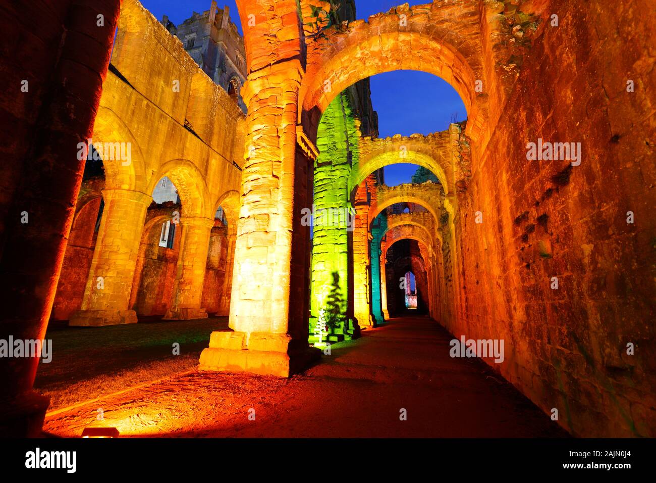 Fountains Abbey Nave during a christmas multicoloured illuminations