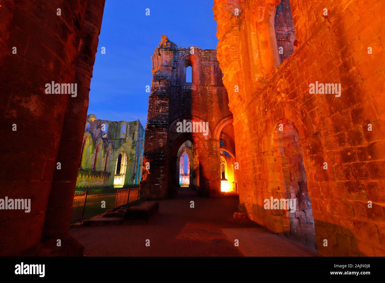 Fountains Abbey Nave during a christmas multicoloured illuminations