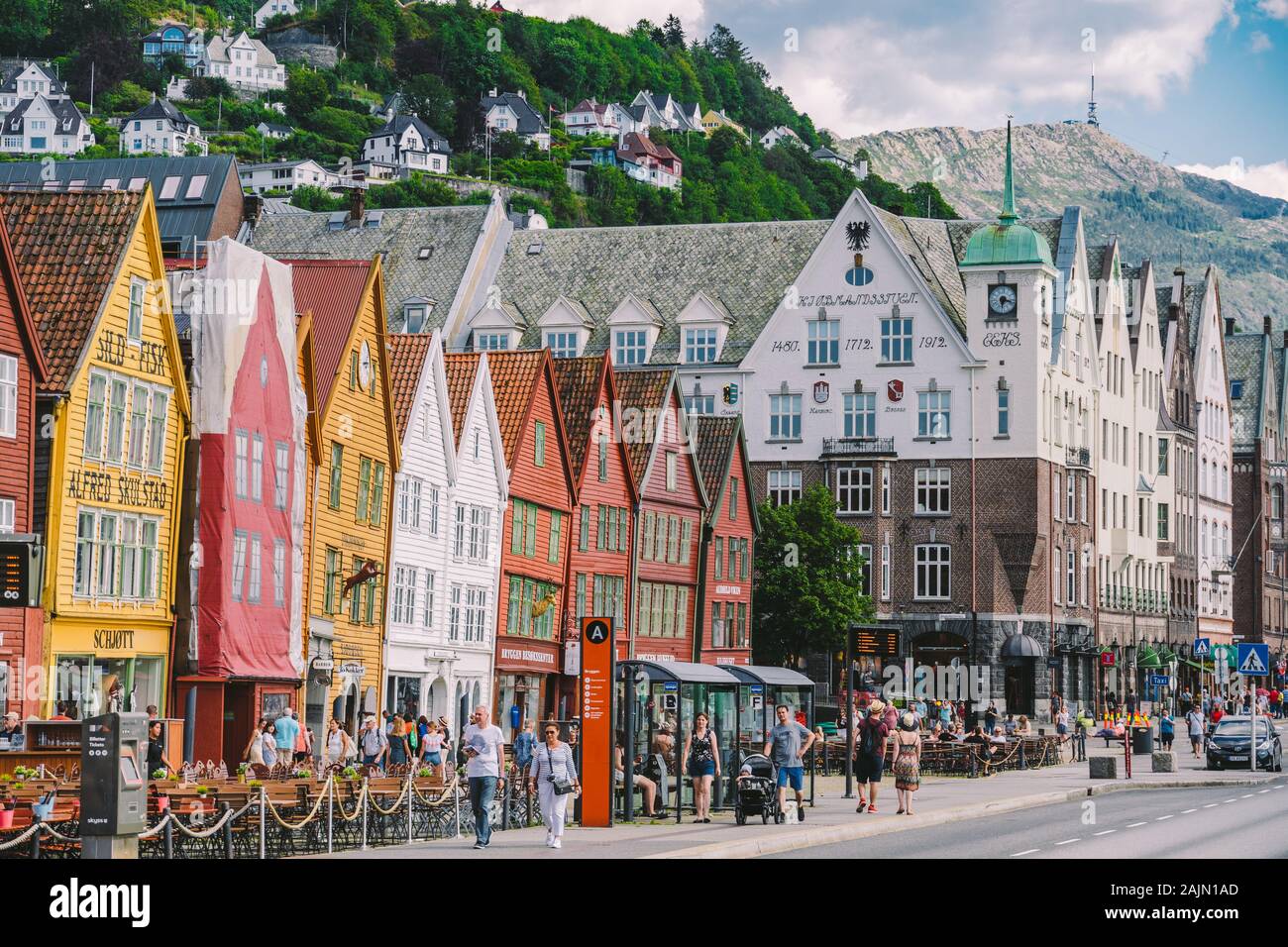 Bergen, Norway. View of historical buildings in Bryggen. Hanseatic wharf in Bergen, Norway July 28, 2019. UNESCO. Famous Bryggen street with wooden Stock Photo