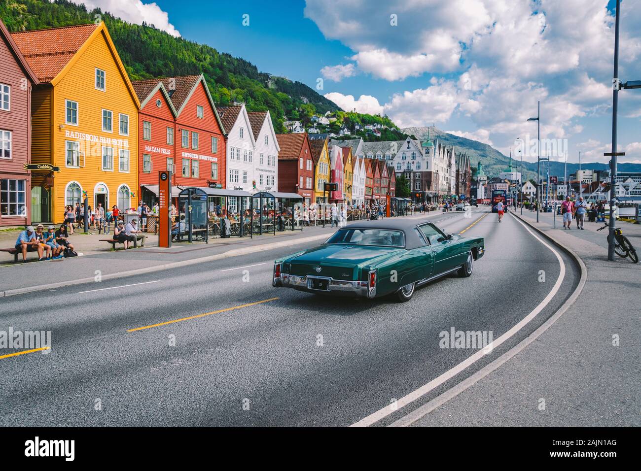 Bergen, Norway. View of historical buildings in Bryggen. Hanseatic wharf in Bergen, Norway July 28, 2019. UNESCO. Famous Bryggen street with wooden Stock Photo