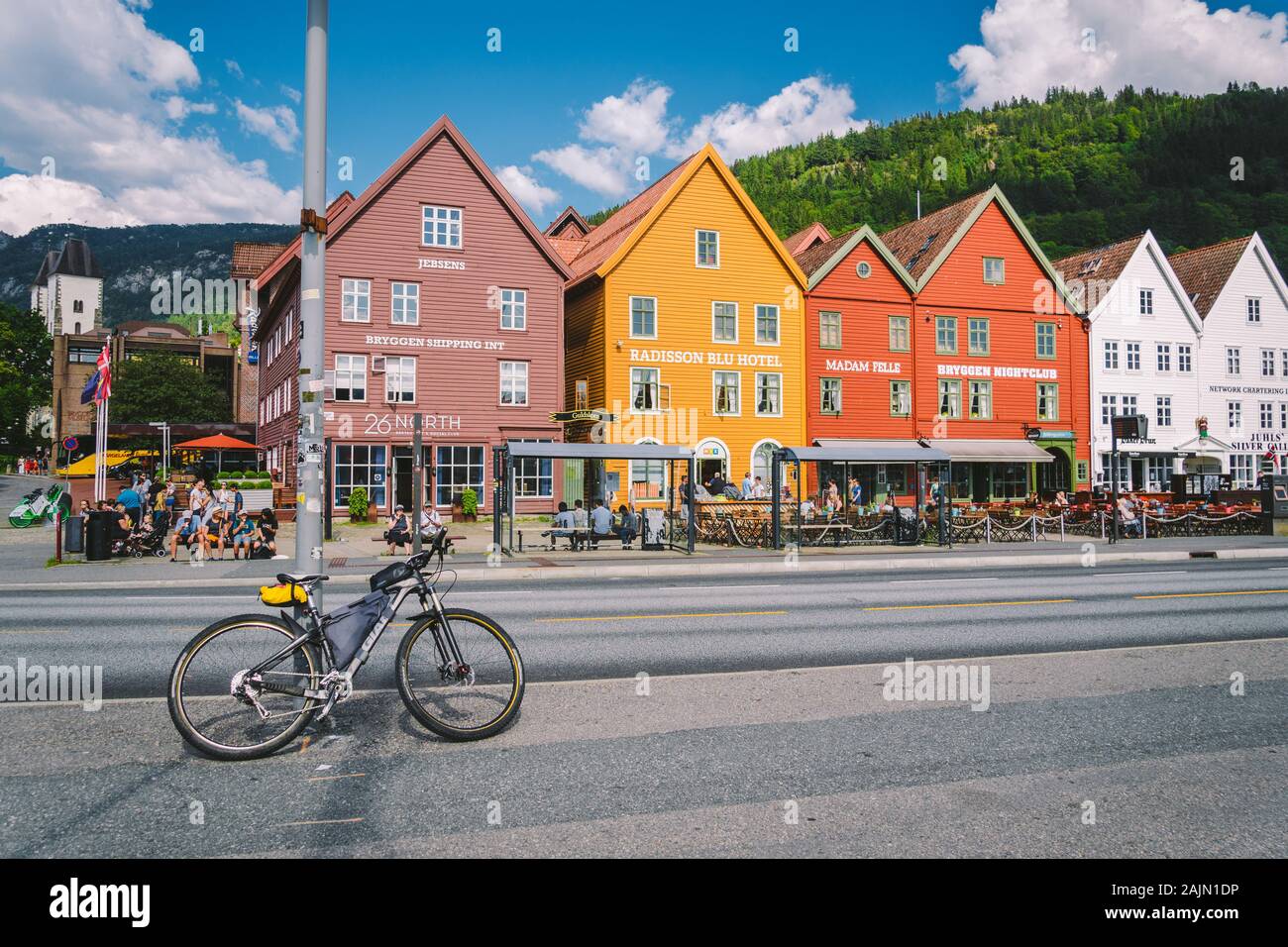 Bergen, Norway. View of historical buildings in Bryggen. Hanseatic wharf in Bergen, Norway July 28, 2019. UNESCO. Famous Bryggen street with wooden Stock Photo