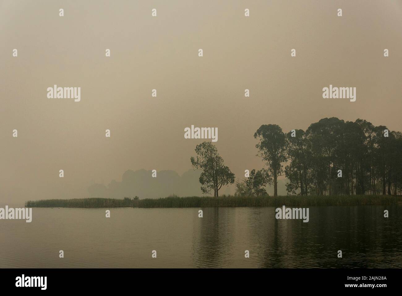 Bushfire smoke over Lake Burley Griffin, Canberra, Australia Stock ...