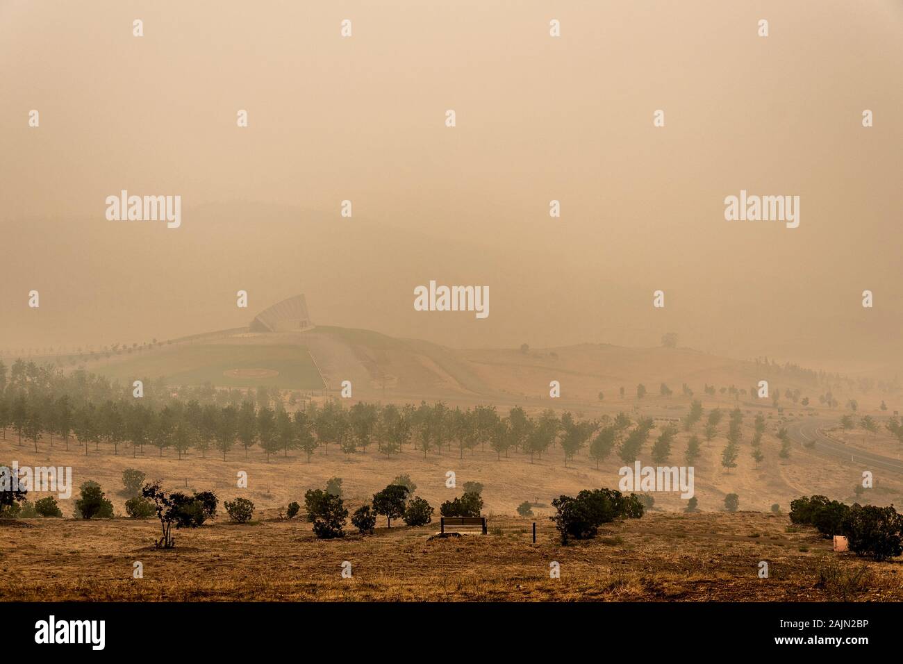 Bushfire smoke at the National Arboretum, Canberra Stock Photo