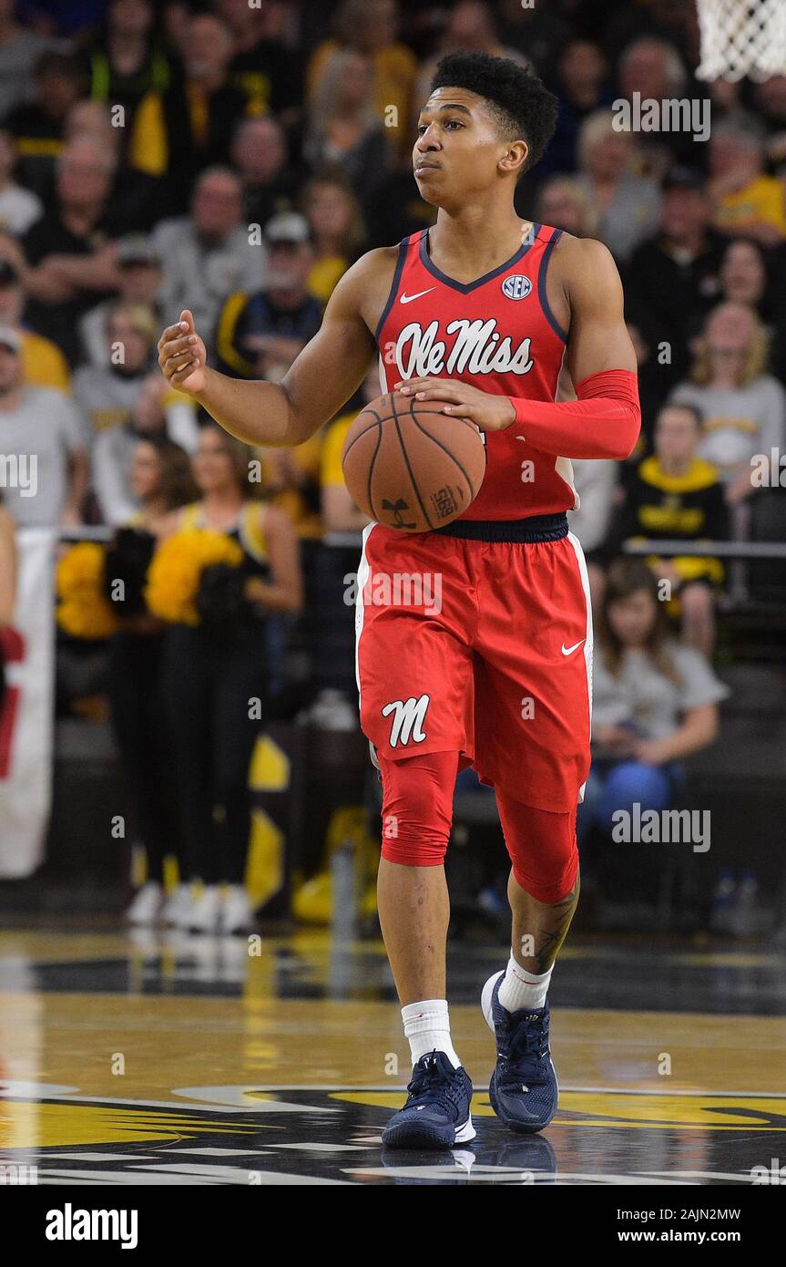 Wichita, Kansas, USA. 04th Jan, 2020. Ole Miss Rebels guard Breein Tyree (4) walks the ball up court during the NCAA Basketball Game between the Ole Miss Rebels and the Wichita State Shockers at Charles Koch Arena in Wichita, Kansas. Kendall Shaw/CSM/Alamy Live News Stock Photo