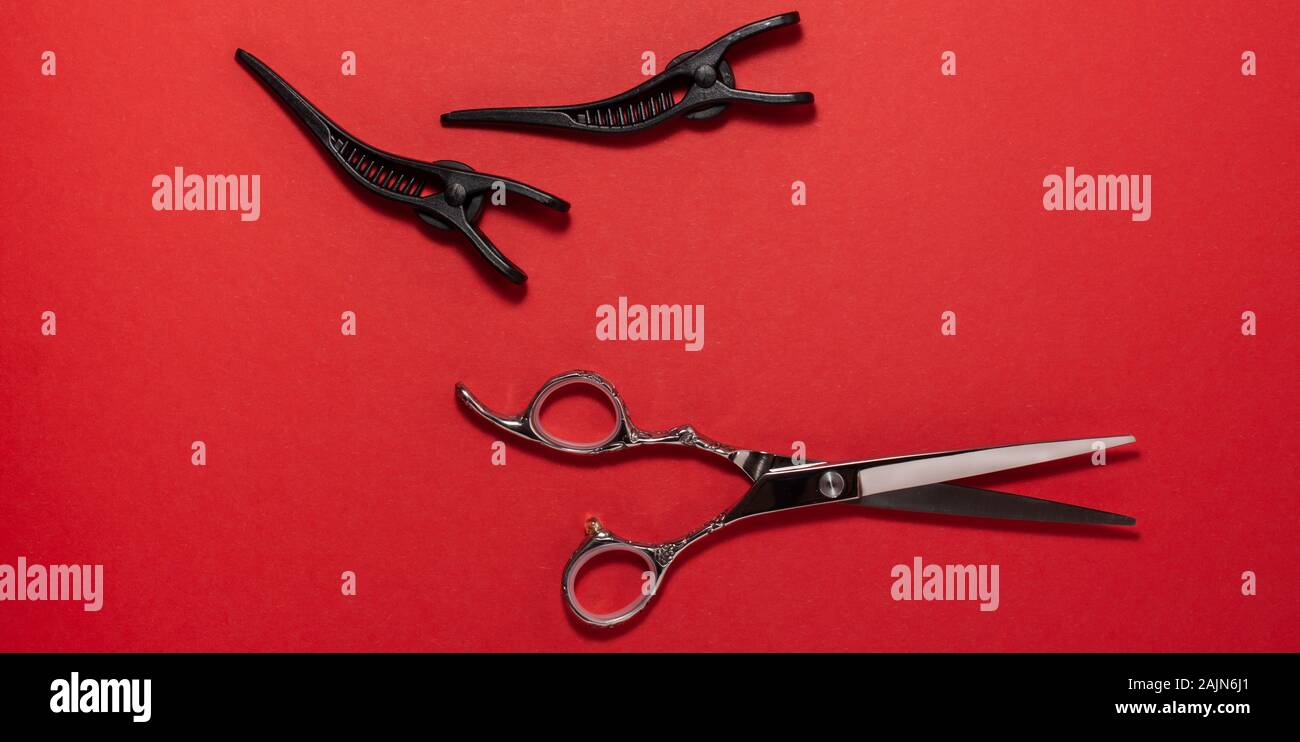 Top view flat lay of professional hair cutting shears and hair clips on red background. Hairdresser salon equipment concept, premium set. Stock Photo